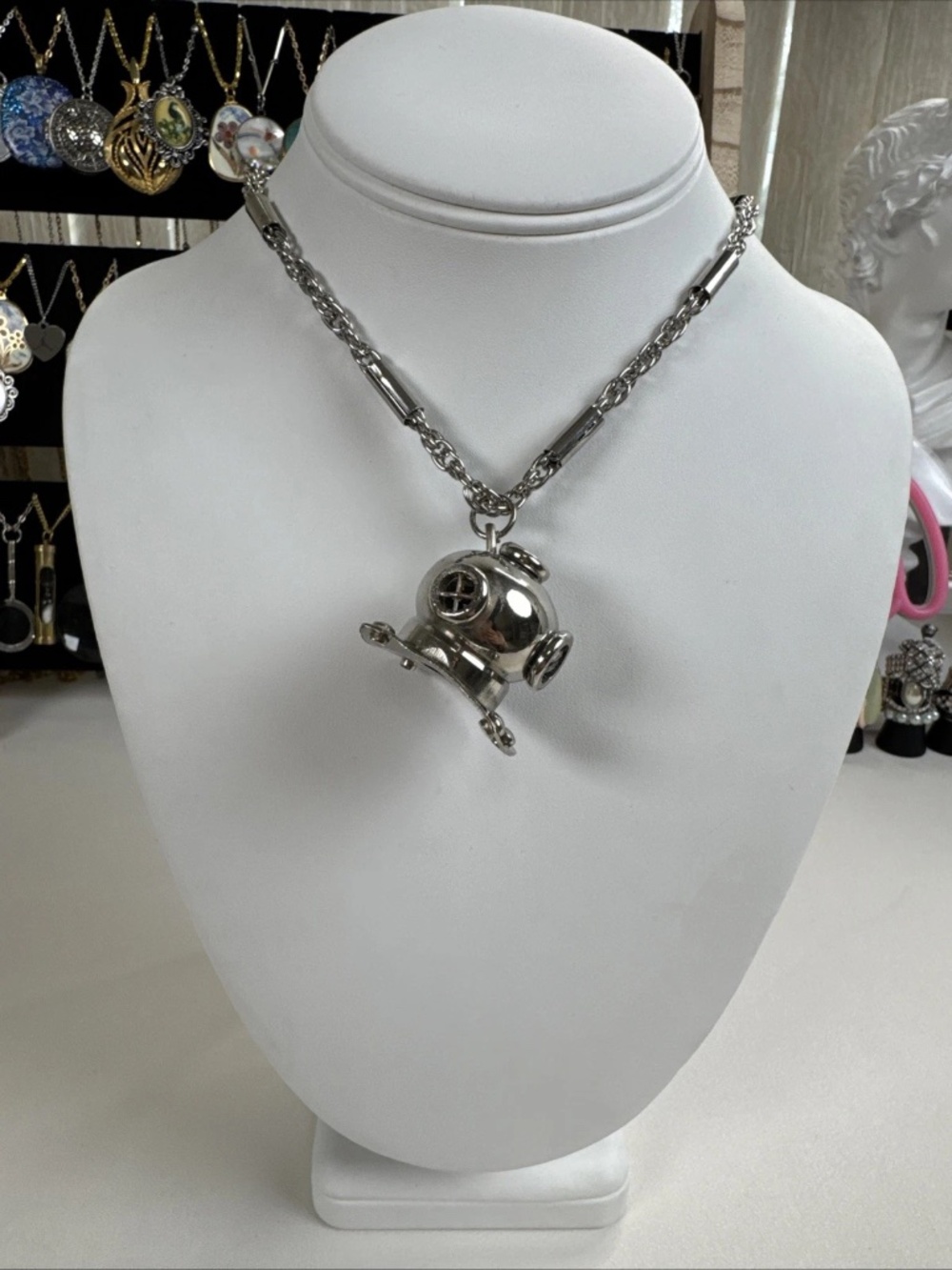 Nautical Ships Diving Helmet Maritime Antique Necklace Silver Tone Stainless